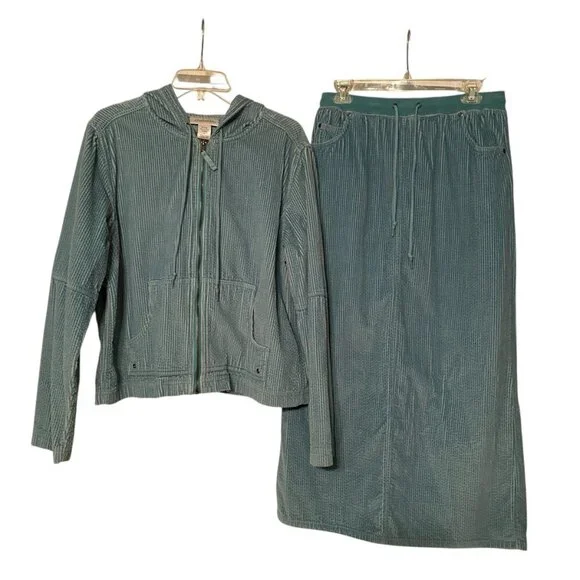 CHADWICK'S 2pc Corduroy Jacket/Skirt with Hood and pockets Teal Size L/10 - Picture 1 of 13